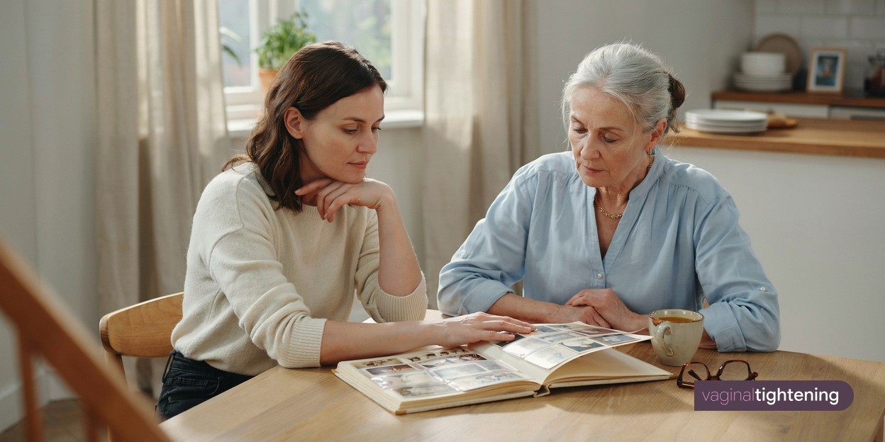 A mother and daughter looking through a family photo album