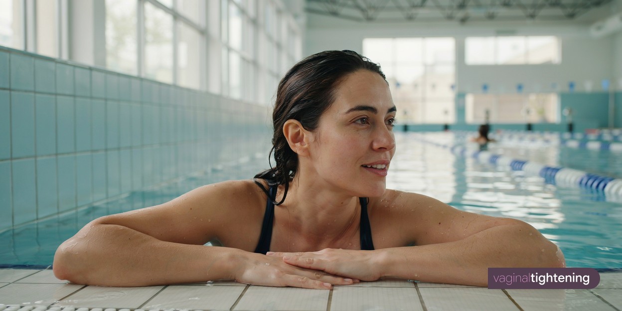 A woman resting beside an indoor swimming pool