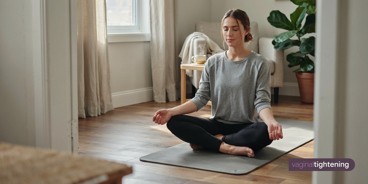 A woman sitting upright on an exercise mat at home