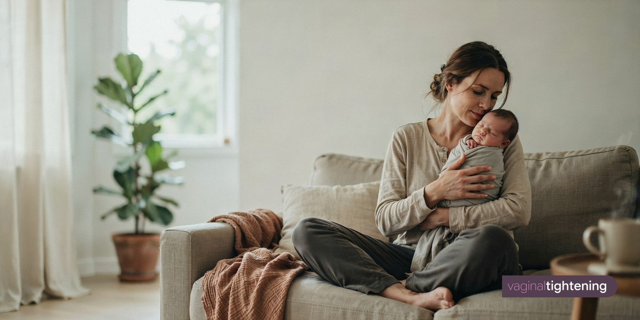 A mother holding her newborn baby on the sofa