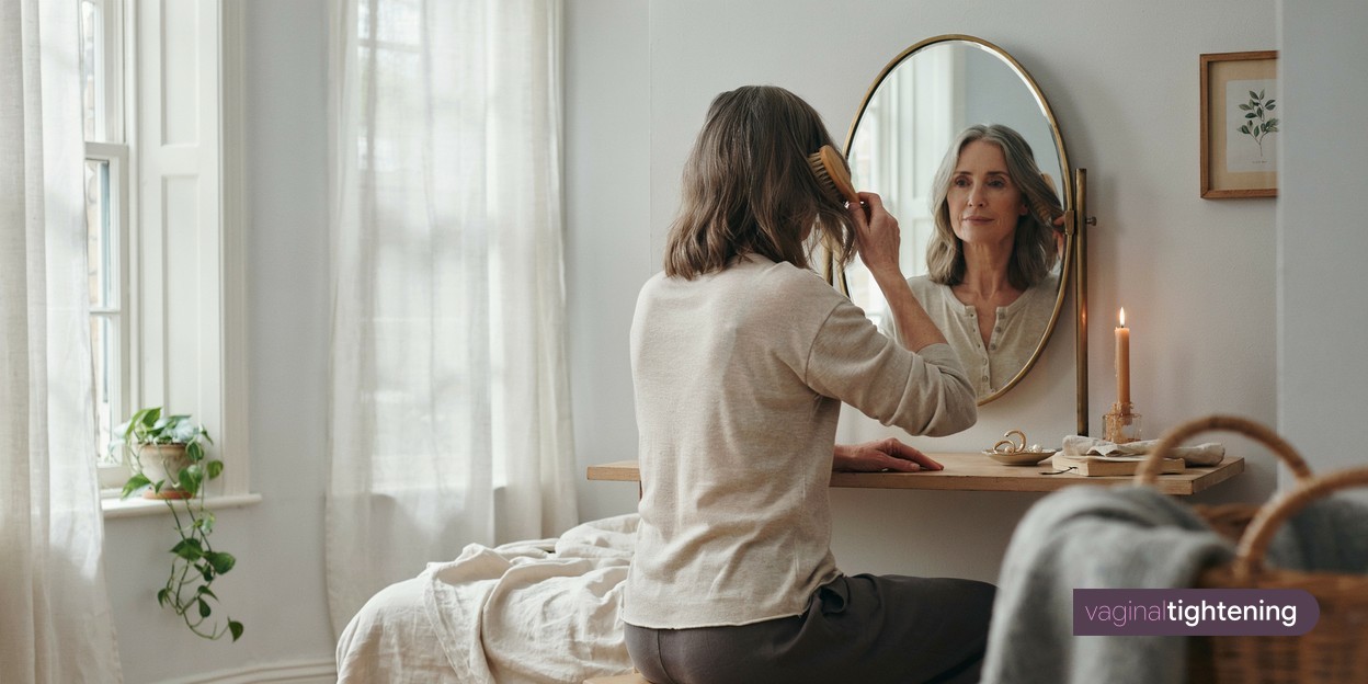 A mature woman brushing her hair in the morning