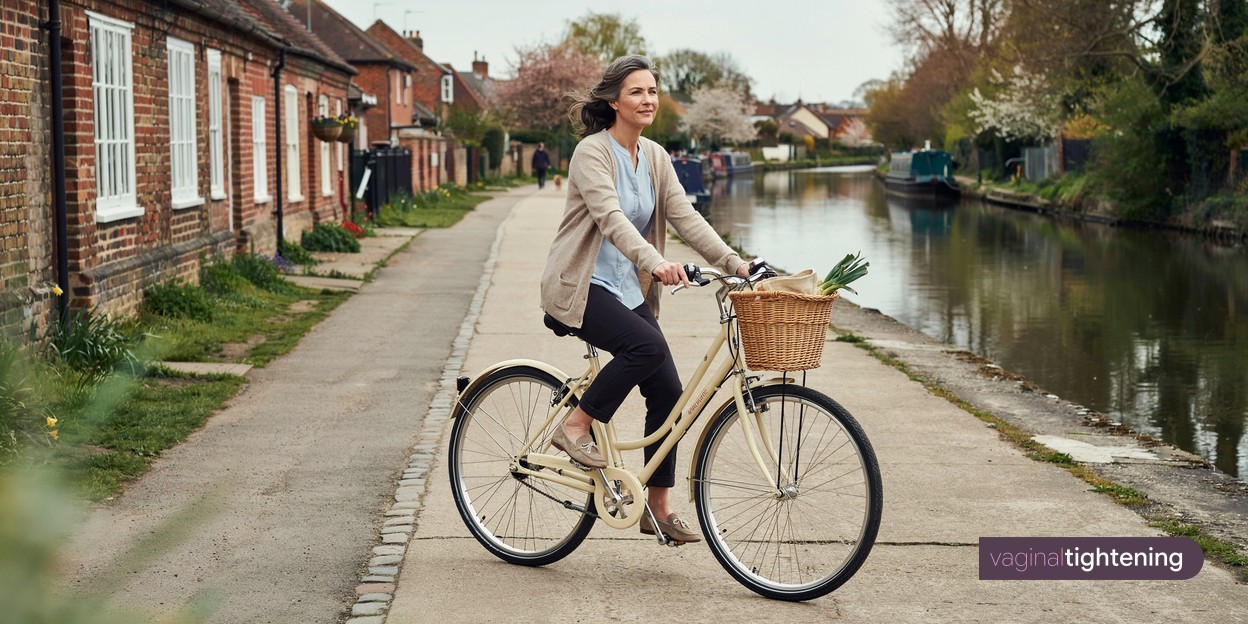A woman cycling along a canal path