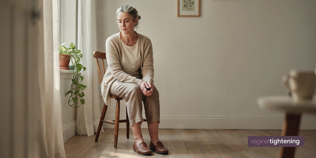 A woman sitting upright by a window at home
