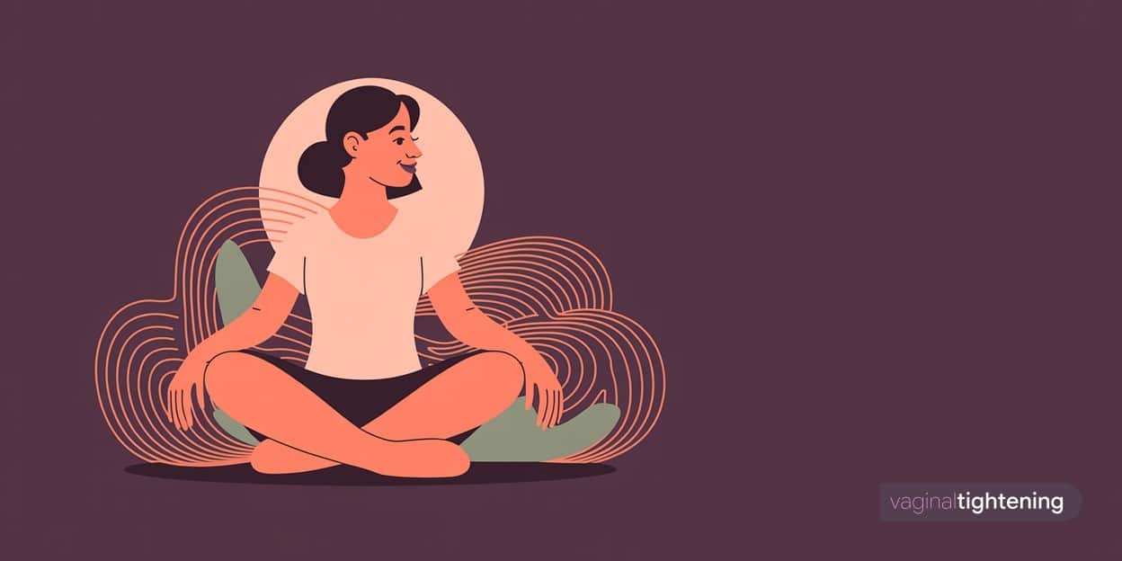 A seated woman with a subtle pelvic health motif
